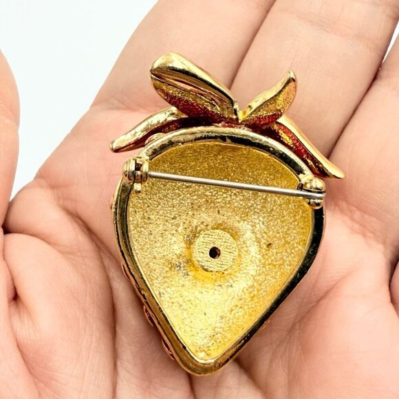 Vintage Five Red Gold Tone Enamel Strawberry Jelly Cherry Heart Brooches Lot - Picture 6 of 12